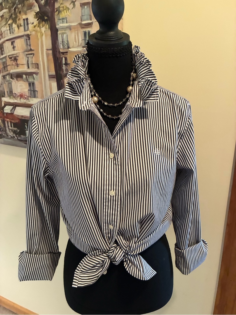 Lauren Ralph Lauren Black & White Striped Tie-Front Button-Down Shirt
